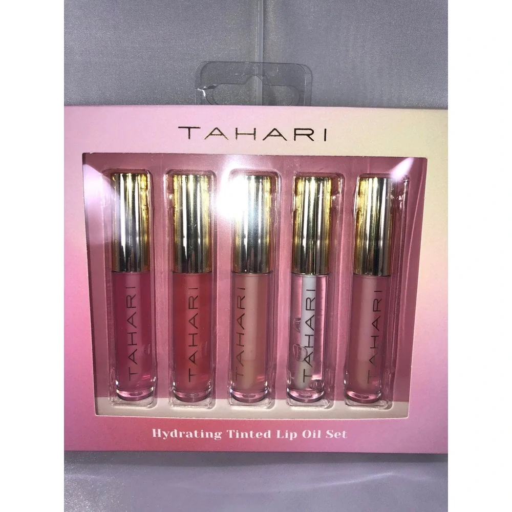 Tahari 5 Piece Hydrating Tinted Lip Oil Set Malibu Pink Cherry Red Peach Quartz